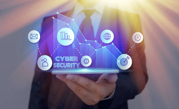 Conceptuele handschrift toont Cyber Security. Zakelijke foto presentatie Bescherm een computersysteem tegen ongeoorloofde toegang. — Stockfoto