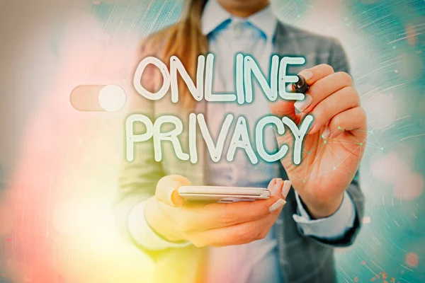 Handschriftliche Textschreiben Online Privacy. Konzept bedeutet Sicherheitsniveau individueller Daten, die über das Internet veröffentlicht werden. — Stockfoto