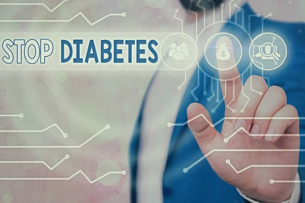 Textskylt som visar Stoppa Diabetes. Konceptuell bild Blodsockernivån är högre än normalt Injicera insulin. — Stockfoto