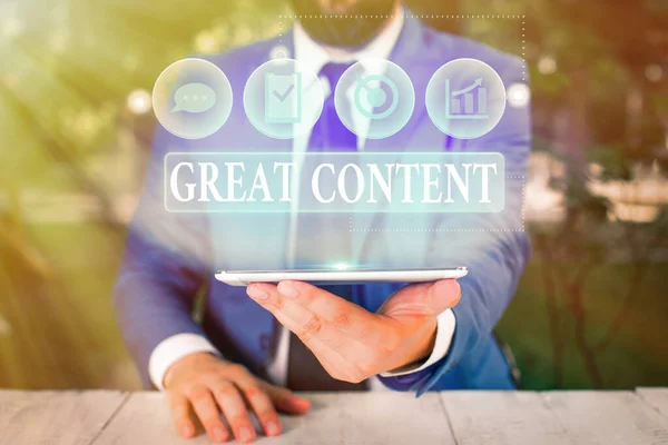 Rukopis Great Content. Koncepce znamenající uspokojivou motivační čitelnou použitelnou originalitu. — Stock fotografie