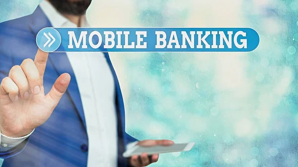 Mobil Banking-et mutató szövegtábla. Koncepcionális fotó Monitoring számla egyenlegek Pénzátutalás Bill fizetés. — Stock Fotó