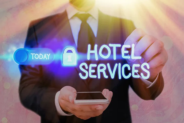 Tekst schrijven Hotel Services. Zakelijk concept voor Faciliteiten Voorzieningen van een accommodatie en logies. — Stockfoto