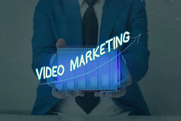 Conceptual hand writing showing Video Marketing. Business photo text create short videos about specific topics using articles.