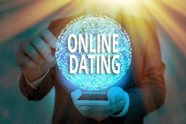 Handwriting text writing Online Dating. Concept meaning Searching Matching Relationships eDating Video Chatting Elements of this image furnished by NASA. — Stock Photo, Image