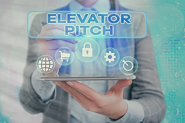 Handwriting text writing Elevator Pitch. Concept meaning A persuasive sales pitch Brief speech about the product.