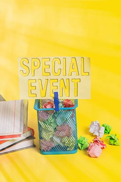 Writing note showing Special Event. Business photo showcasing Function to generate money for non profit a Crowded Occassion Trash bin crumpled paper clothespin office supplies yellow.