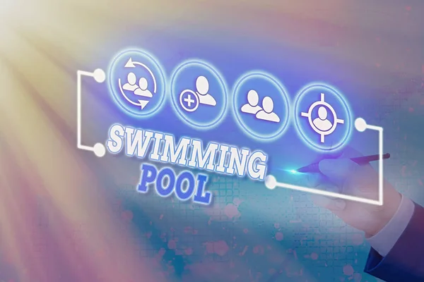 Schreiben Notiz zeigt Swimming Pool. Business-Foto zeigt Struktur, die Wasser für Freizeitaktivitäten halten soll. — Stockfoto