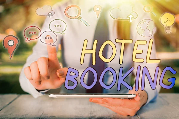 Textschild mit Hotelbuchung. Konzeptfoto Online Reservierungen Presidential Suite De Luxe Hospitality. — Stockfoto