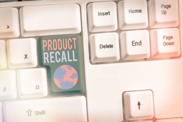 Word writing text Product Recall. Geschäftskonzept für die Anfrage eines Unternehmens, das Produkt aufgrund eines Problems zurückzugeben. — Stockfoto