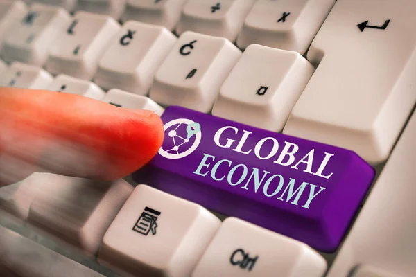 Segno di testo che mostra Economia Globale. Foto concettuale Sistema di industria e commercio in tutto il mondo Capitalismo . — Foto Stock