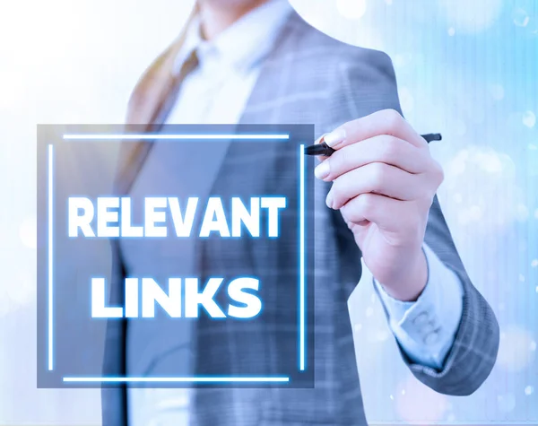 Conceptual hand writing showing Relevant Links. Business photo showcasing Significant sites for a particular topic Associated. — Stock Photo, Image
