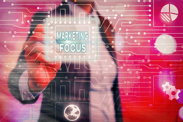 Psaní textu Marketing Focus. Koncept znamená pochopit své zákazníky a jejich potřeby pomocí statistik. — Stock fotografie