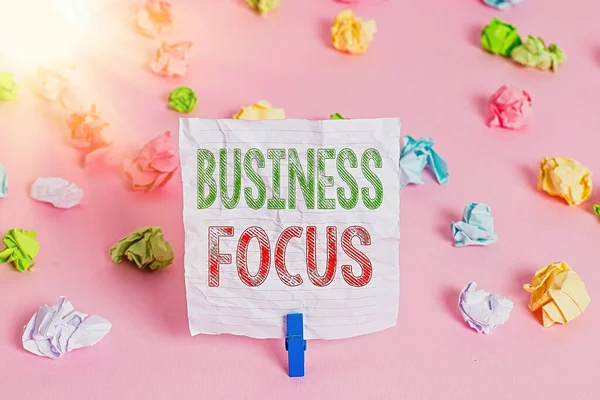 Σύμβολο κειμένου που δείχνει Business Focus. Εννοιολογική φωτογραφία Εξυπηρετούν τις ανάγκες του πελάτη Πλήρης προσοχή στις λεπτομέρειες Χρωματιστά τσαλακωμένα χαρτιά κενή υπενθύμιση ροζ φόντο clothespin. — Φωτογραφία Αρχείου