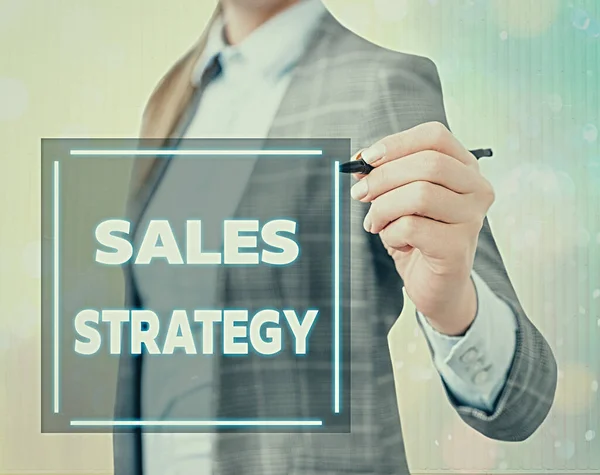 Ecriture conceptuelle montrant la stratégie de vente. Plan de présentation de photos d'affaires pour atteindre et vendre votre marché cible Marketing . — Photo