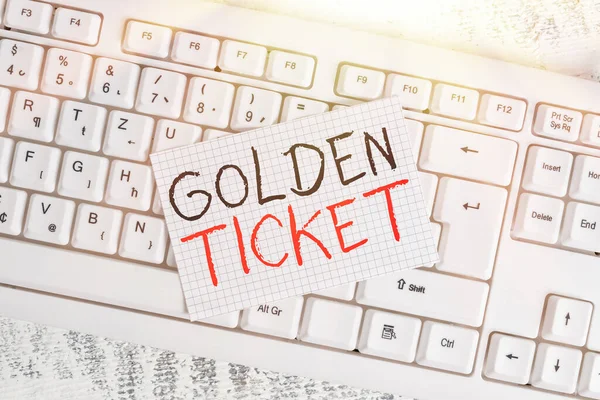 Writing note showing Golden Ticket. Business photo showcasing Rain Check Access VIP Passport Box Office Seat Event Keyboard office supplies rectangle shape paper reminder wood.