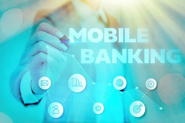 Mobil Banking-et bemutató írásos feljegyzés. Üzleti fotó bemutatása Monitoring számla egyenlegek Pénzátutalás Bill fizetés. — Stock Fotó