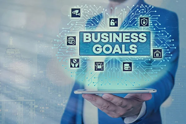 Text sign showing Business Goals. Conceptual photo Expectation to accomplish over a specific period of time.