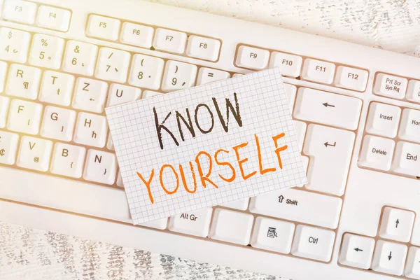 Writing note showing Know Yourself. Business photo showcasing Find You Understanding Strength and Weaknesses Identity Keyboard office supplies rectangle shape paper reminder wood. — Stock Photo, Image