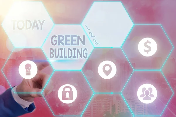 Γράμμα που δείχνει το Πράσινο Κτίριο. Επιχειρηματική φωτογραφία αναδεικνύοντας μια δομή που είναι περιβαλλοντικά υπεύθυνη Βιώσιμη. — Φωτογραφία Αρχείου