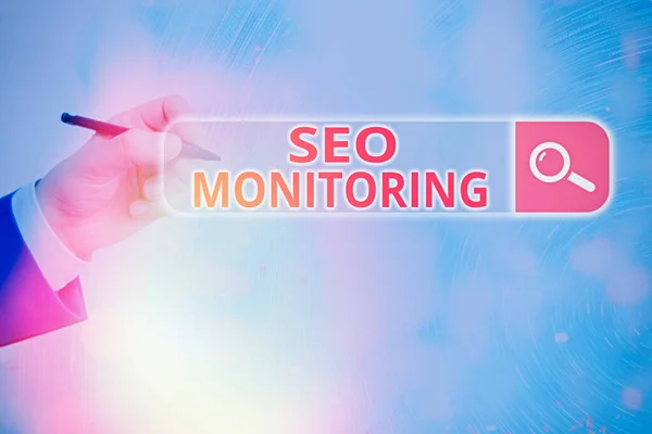Conceptueel handschrift met Seo Monitoring. Business foto tekst Het bijhouden van de voortgang van de strategie in het platform. — Stockfoto