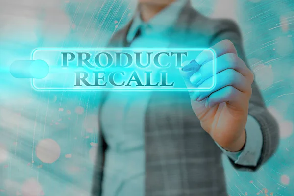 Nota de escrita mostrando Product Recall. Exibição de fotos de negócios Pedido de uma empresa para devolver o produto devido a algum problema . — Fotografia de Stock