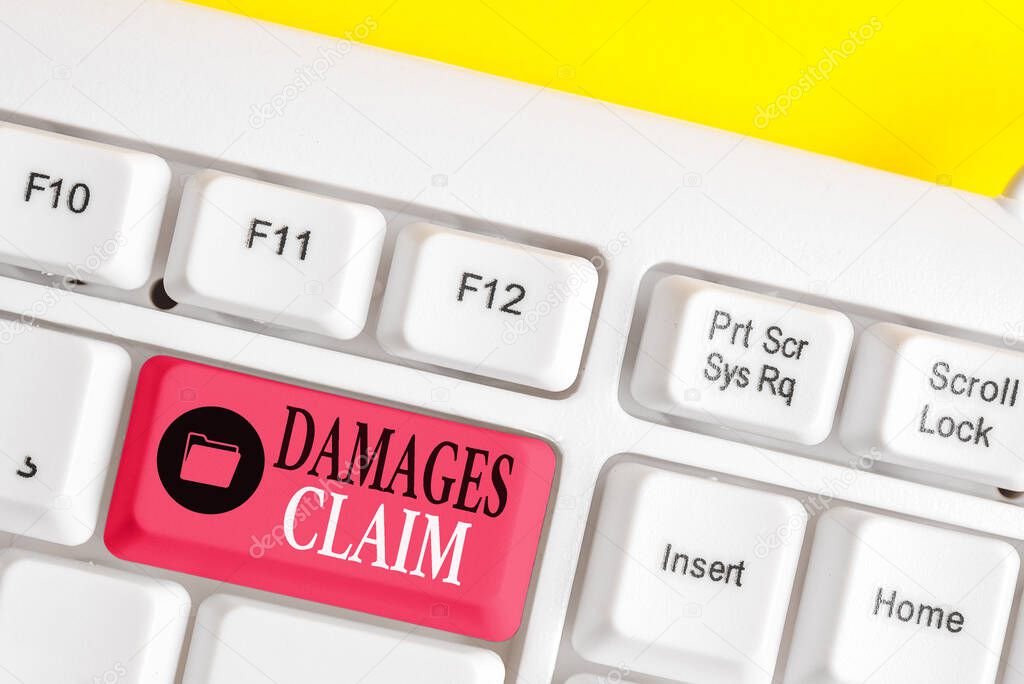 Word writing text Damages Claim. Business concept for Demand Compensation Litigate Insurance File Suit.