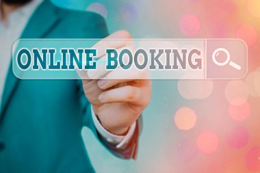 El yazısı metni çevrimiçi rezervasyon. Kavram, internet üzerinden rezervasyon anlamına gelir Otel konaklama uçak bileti.