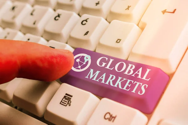 Σύμβολο κειμένου που δείχνει τις παγκόσμιες αγορές. Εννοιολογική φωτογραφία Εμπορία αγαθών και υπηρεσιών σε όλες τις χώρες του κόσμου. — Φωτογραφία Αρχείου