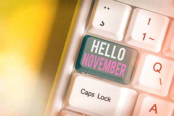 Escrita de mão conceitual mostrando Olá novembro. Texto da foto de negócios Bem-vindo ao décimo primeiro mês do ano Mês antes de dezembro . — Fotografia de Stock