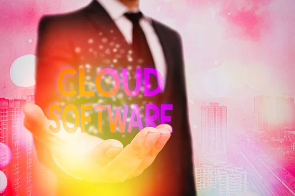 Fogalmi kézírás a Cloud Software-ről. Üzleti fotó szöveg Az adatok internetes tárolásához használt programok. — Stock Fotó