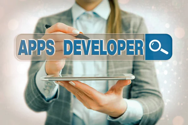 Σύμβολο κειμένου δείχνει Apps Developer. Εννοιολογική φωτογραφία γραφίστας προγραμματιστής λογισμικού και αναλυτές εμπειρογνώμονες. — Φωτογραφία Αρχείου