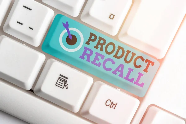 Writing note showing Product Recall. Business photo showcasing Request by a company to return the product due to some issue.
