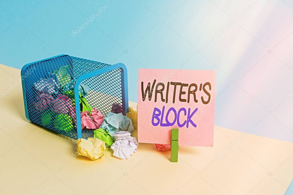 Writing note showing Writer S Block. Business photo showcasing Condition of being unable to think of what to write Trash bin crumpled paper clothespin reminder office supplies.