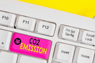 Mesaj işareti CO2 emisyonunu gösteriyor. Zamanla sera gazlarının atmosfere salınması kavramsal bir fotoğraf..