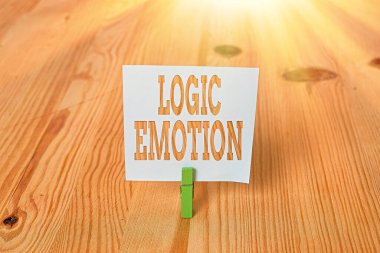 El yazısı: Mantık Duygusu. Kavram, hoş olmayan duyguların kendine saygı duyması anlamına gelir. Mantıklı Zihin boşluğu, ahşap zemin zemin, yeşil çamaşır mandalı oyuğu ofisi..