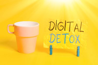Dijital Detox 'u gösteren kavramsal el yazısı. Elektronik Aygıtlardan arındırılmış iş fotoğrafı gösterimi Fişi çekilmemiş kağıt mavi çamaşır iğnesi şekilli dikdörtgen hatırlatıcı sarı ofise olan bağlantıyı kes.