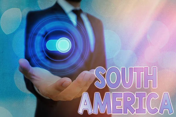Text sign showing South America. Conceptual photo Continent in Western Hemisphere Latinos known for Carnivals. — Stock Photo, Image