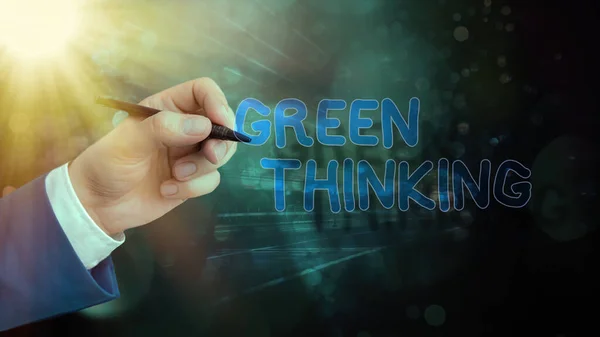 Πινακίδα που δείχνει Πράσινη Σκέψη. Εννοιολογική φωτογραφία Λήψη υπόψη για να γίνει πραγματικότητα η περιβαλλοντική ευθύνη. — Φωτογραφία Αρχείου