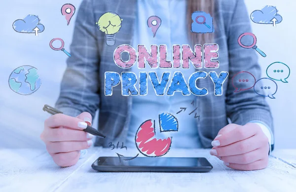 Handschrift tekst Online Privacy. Concept: beveiligingsniveau van individuele gegevens die via internet worden gepubliceerd. — Stockfoto