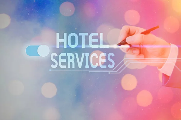 Signo de texto que muestra los servicios del hotel. Foto conceptual Instalaciones Facilidades de un alojamiento y alojamiento . —  Fotos de Stock