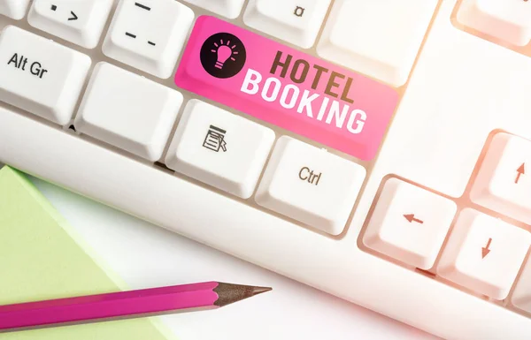 Handstil text skriva Hotel Booking. Begreppet mening Online reservationer Presidentsvit De Luxe Hospitality. — Stockfoto