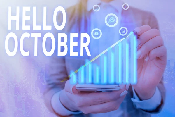 Szövegírási szöveg Hello October. Üzleti koncepció az elmúlt negyedévben Tizedik hónap 30 nap Szezonköszöntés. — Stock Fotó