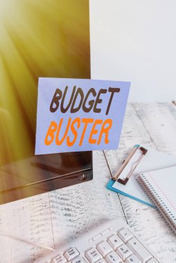 Kelime yazma Bütçesi Buster. Carefree Harcama Konsepti Gereksiz Alışverişler Gereksiz Harcamalar Fazla Harcama Kağıdı Klavye ve sabit bilgisayar ekranına bantlanmış.