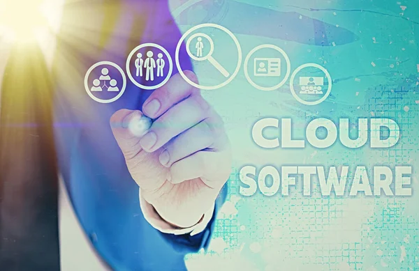 Felhő szoftvert ábrázoló feljegyzés. Üzleti fotó bemutatása Az adatok internetes tárolásához használt programok. — Stock Fotó