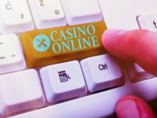 Text sign showing Casino Online. Conceptual photo Computer Poker Game Gamble Royal Bet Lotto High Stakes.