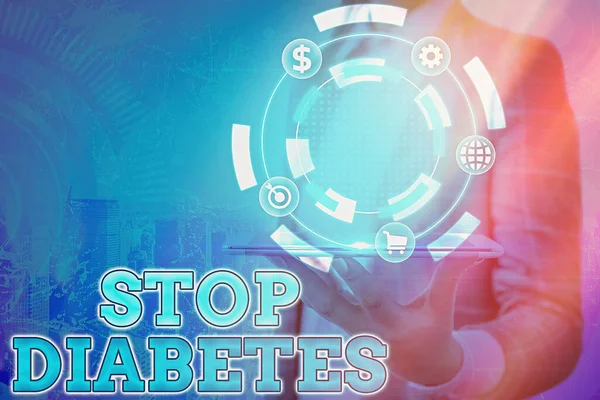 Znak tekstowy "Stop cukrzycy". Zdjęcie koncepcyjne Poziom cukru we krwi jest wyższy niż zwykle Insulina do wstrzykiwań. — Zdjęcie stockowe