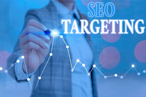 Escritura manual conceptual que muestra Seo Targeting. Texto de la foto del negocio Palabras clave específicas para la ubicación Página de destino Dominio superior . — Foto de Stock