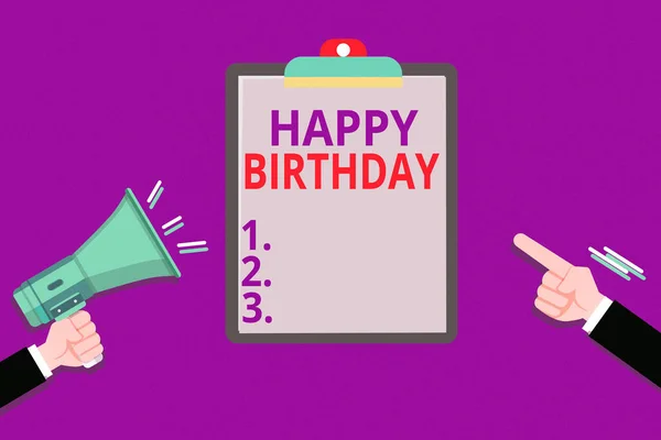 Conceptual hand writing showing Happy Birthday. Business photo showcasing The birth anniversary of an individual is celebrated with presents Hu analysis Hands Holding Megaphone Pointing Blank — Stock Photo, Image