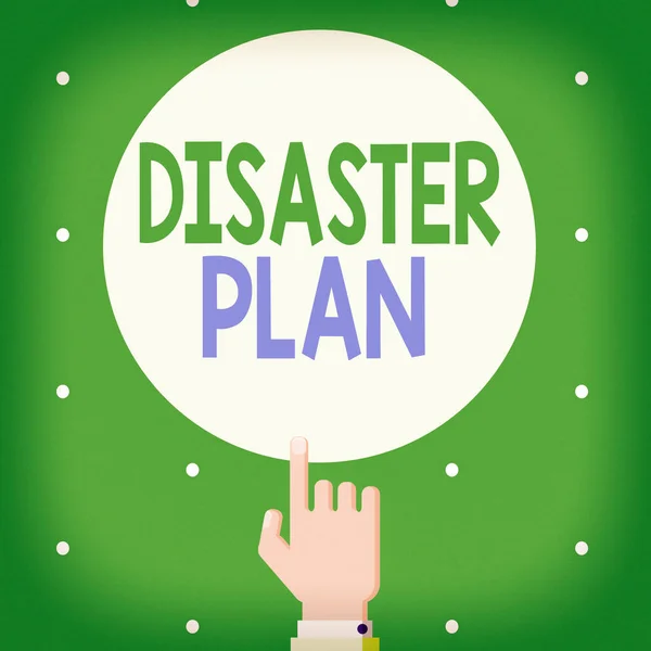 Text sign showing Disaster Plan. Conceptual photo Respond to Emergency Preparedness Survival and First Aid Kit Male Hu analysis Hand Pointing up Index finger Touching Solid Color Circle.