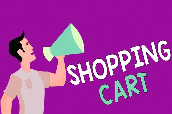 Text sign showing Shopping Cart. Conceptual photo Case Trolley Carrying Groceries and Merchandise Man in Shirt Standing Talking Holding a Megaphone Male Calling Out onto. — Stock Photo, Image